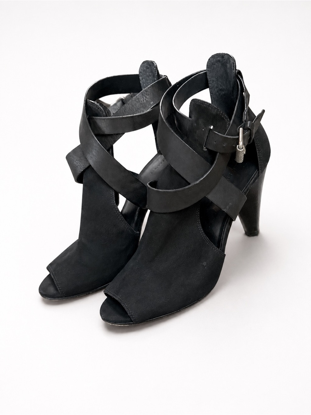 AllSaints Benny Black Leather Wrap Strap Heel Sandals Size 9 EU 40